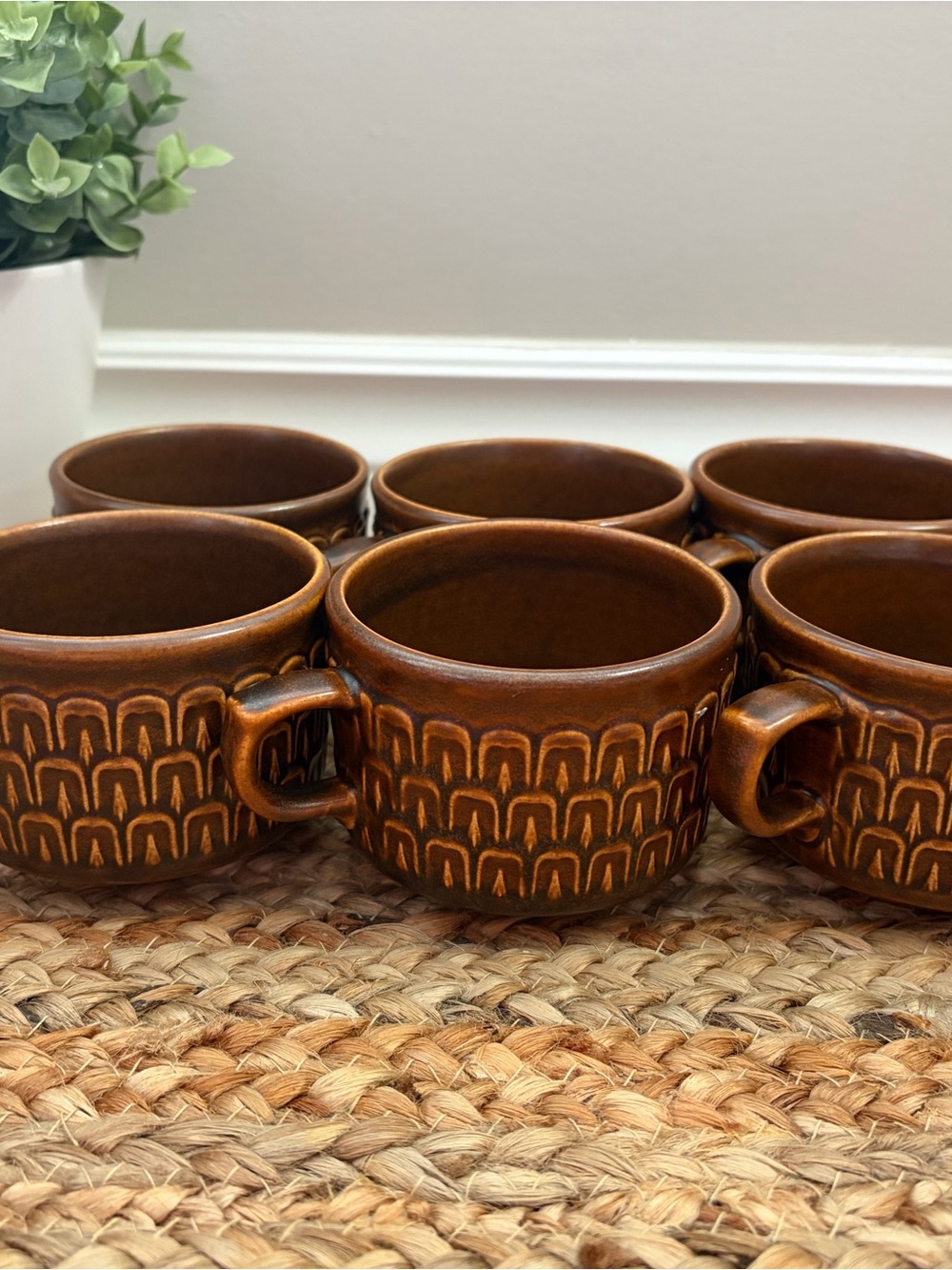 Wedgwood “Pennine” Brown Glazed Ceramic Mugs with Geometric Pattern - Set of 6